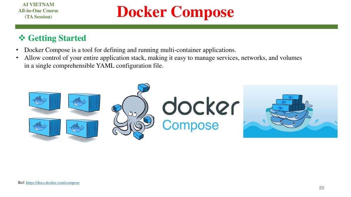 Docker Compose quản lý nhiều container, network và volume