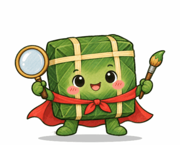 SAVIER mascot: a banh chung superhero holding a magnifying glass and a paintbrush